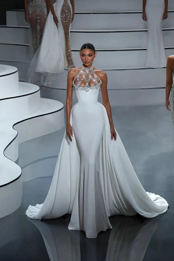 Classy White Halter Sleeveless Satin Mermaid Prom Dress Column Gem With Train