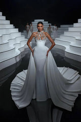 Classy White Halter Sleeveless Satin Mermaid Prom Dress Column Gem With Train