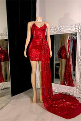 Charming Red Spaghetti-Straps V-Neck Sleeveless Mini Prom Dresses Ruffles With Criss-Cross Back