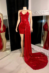 Charming Red Spaghetti-Straps V-Neck Sleeveless Mini Prom Dresses Ruffles With Criss-Cross Back