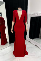 Timeless Red V-Neck Short Sleeves Satin Prom Dresses Mermaid Tassel With Zipper