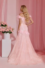 Pretty Pink Off-The-Shoulder Tulle Prom Dresses Sheath With Feather Pleats