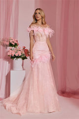 Pretty Pink Off-The-Shoulder Tulle Prom Dresses Sheath With Feather Pleats