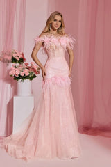 Pretty Pink Off-The-Shoulder Tulle Prom Dresses Sheath With Feather Pleats