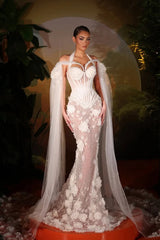 Timeless White Halter Off-The-Shoulder Tulle Prom Dresses Mermaid Pearl With Ruffles Flower
