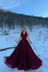 Charming Red Halter V-Neck Sleeveless Lace Prom Dresses A-Line Long With High Split