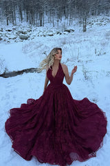 Charming Red Halter V-Neck Sleeveless Lace Prom Dresses A-Line Long With High Split