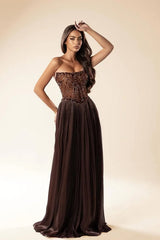 Elegant Brown Strapless Sleeveless A-Line Prom Dresses Gem Long With Pleats