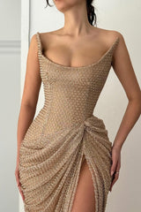 Chic Strapless Sleeveless Mermaid Prom Dresses High Split Sheath With Pleats