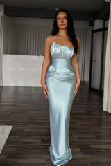 Beautiful Blue Strapless Sleeveless Satin Mermaid Prom Dresses Gem With Pleats