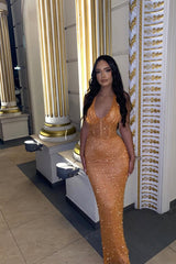 Classic Orange Halter V-Neck Sleeveless Sequins Prom Dresses Mermaid Column On Sale