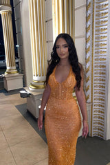 Classic Orange Halter V-Neck Sleeveless Sequins Prom Dresses Mermaid Column On Sale