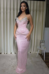 Dreamy Pink V-Neck Strapless Sleeveless Prom Dresses Mermaid Sheath With Gem Pleats