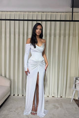 Elegant White Sweetheart Long Sleeves Prom Dresses Mermaid Gem With High Split