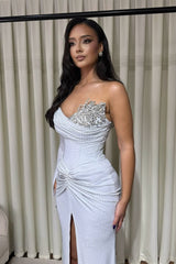 Elegant White Sweetheart Long Sleeves Prom Dresses Mermaid Gem With High Split