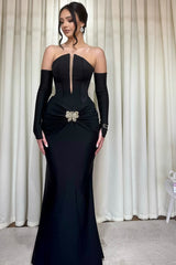 Glamorous Black Strapless Satin Mermaid Prom Dresses Sheath Detachable Sleeves With Pleats