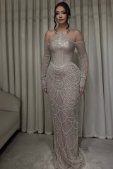 Dazzling Off-The-Shoulder Long Sleeves Mermaid Prom Dresses Beads With Pearls