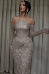 Dazzling Off-The-Shoulder Long Sleeves Mermaid Prom Dresses Beads With Pearls