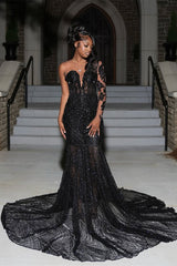 Dazzling Black V-Neck One Shoulder Long Sleeves Prom Dresses Gem Beads With Zipper Lace-Up Back