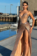 Glamorous V-Neck Strapless Sleeveless Mermaid Prom Dresses High Split With Gem