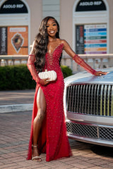 Vintage Red V-Neck Strapless Mermaid Prom Dresses Detachable Sleeves Pearls With Side Split