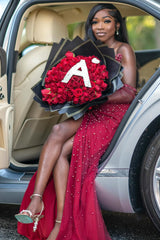 Vintage Red V-Neck Strapless Mermaid Prom Dresses Detachable Sleeves Pearls With Side Split