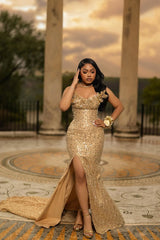 Romantic Gold Strapless Sleeveless Sequins Prom Dresses Mermaid Gem With High Split