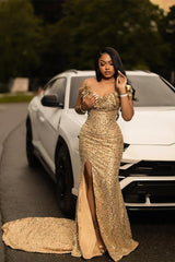 Romantic Gold Strapless Sleeveless Sequins Prom Dresses Mermaid Gem With High Split