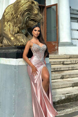 Elegant Pink V-Neck Spaghetti-Straps Sleeveless Satin Prom Dresses Mermaid Gem With High Split