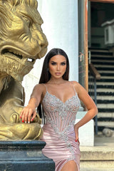 Elegant Pink V-Neck Spaghetti-Straps Sleeveless Satin Prom Dresses Mermaid Gem With High Split