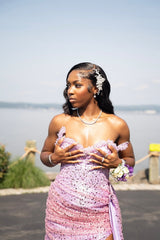 Dazzling Lilac Sweetheart Strapless Sleeveless Sequins Prom Dresses Mermaid Beads With High Split