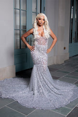 Sparkling V-Neck Straps Sleeveless Mermaid Prom Dresses Column Gem With Beads
