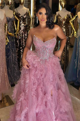 Chic Dusty Rose V-Neck Strapless Sleeveless Tulle Prom Dresses A-Line High Split With Gem
