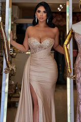 Elegant Sweetheart Strapless Sleeveless Mermaid Prom Dresses Column Beads With Ribbon Zipper