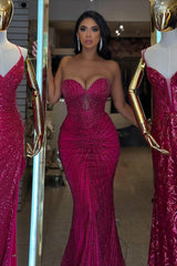 Charming Fuchsia Sweetheart Strapless Sleeveless Mermaid Prom Dresses Beads With Lace-Up Back