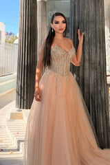 Charming Coral V-Neck Strapless Sleeveless Tulle Prom Dresses A-Line Long With Gem