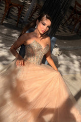 Charming Coral V-Neck Strapless Sleeveless Tulle Prom Dresses A-Line Long With Gem