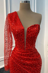 Timeless Red One Shoulder Long Sleeves Sequins Prom Dresses Mermaid Online