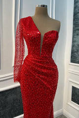 Timeless Red One Shoulder Long Sleeves Sequins Prom Dresses Mermaid Online