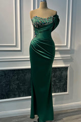 Glamorous Dark Green One Shoulder Satin Prom Dresses Mermaid Sheath With Gem