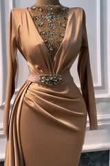 Timeless Gold High Collar Long Sleeves Satin Prom Dresses Mermaid Gem With Beads Ruffles