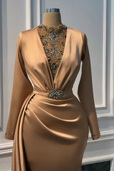 Timeless Gold High Collar Long Sleeves Satin Prom Dresses Mermaid Gem With Beads Ruffles