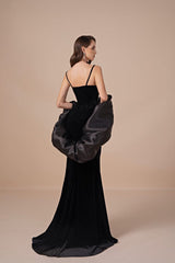 Vintage Black V-Neck Spaghetti-Straps Sleeveless Velvet Prom Dresses Mermaid With Beads Zipper