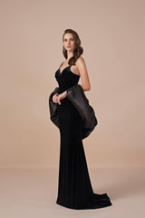 Vintage Black V-Neck Spaghetti-Straps Sleeveless Velvet Prom Dresses Mermaid With Beads Zipper