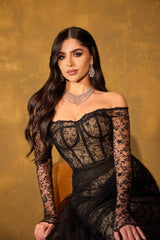 Elegant Black Off-The-Shoulder Long Sleeves Lace Tulle Prom Dresses Column With Zipper