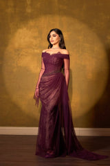 Romantic Grape Sweetheart Off-The-Shoulder Long Sleeves Lace Prom Dress Mermaid Beads With Zipper Ruffles