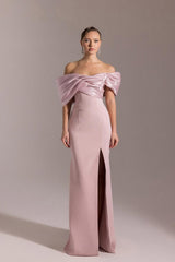 Classic Dusty Pink Off-The-Shoulder Mermaid Satin Prom Dresses Column High Split With Zipper