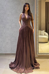 Romantic V-Neck Halter Sleeveless Prom Dresses A-Line Long With Pleats