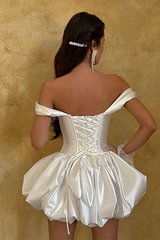 Chic White Off-The-Shoulder Satin Homecoming Dress Mini Pleats With Lace-Up Back