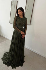 Elegant Jewel Long Sleeves Prom dresses Floor Length Beading With Pleats Zipper